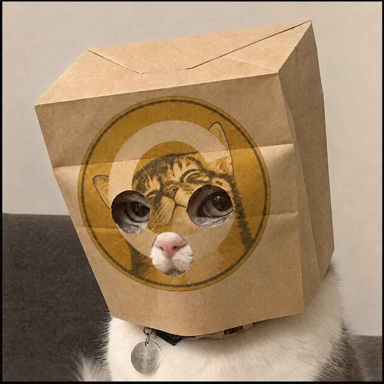 $ZCATE — a cat wearing a kraft paper bag mask with a golden emblem
